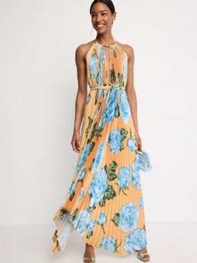L'IDEE Boheme Yellow Floral Pleated Gown Maxi Dress Halter - Size US 4